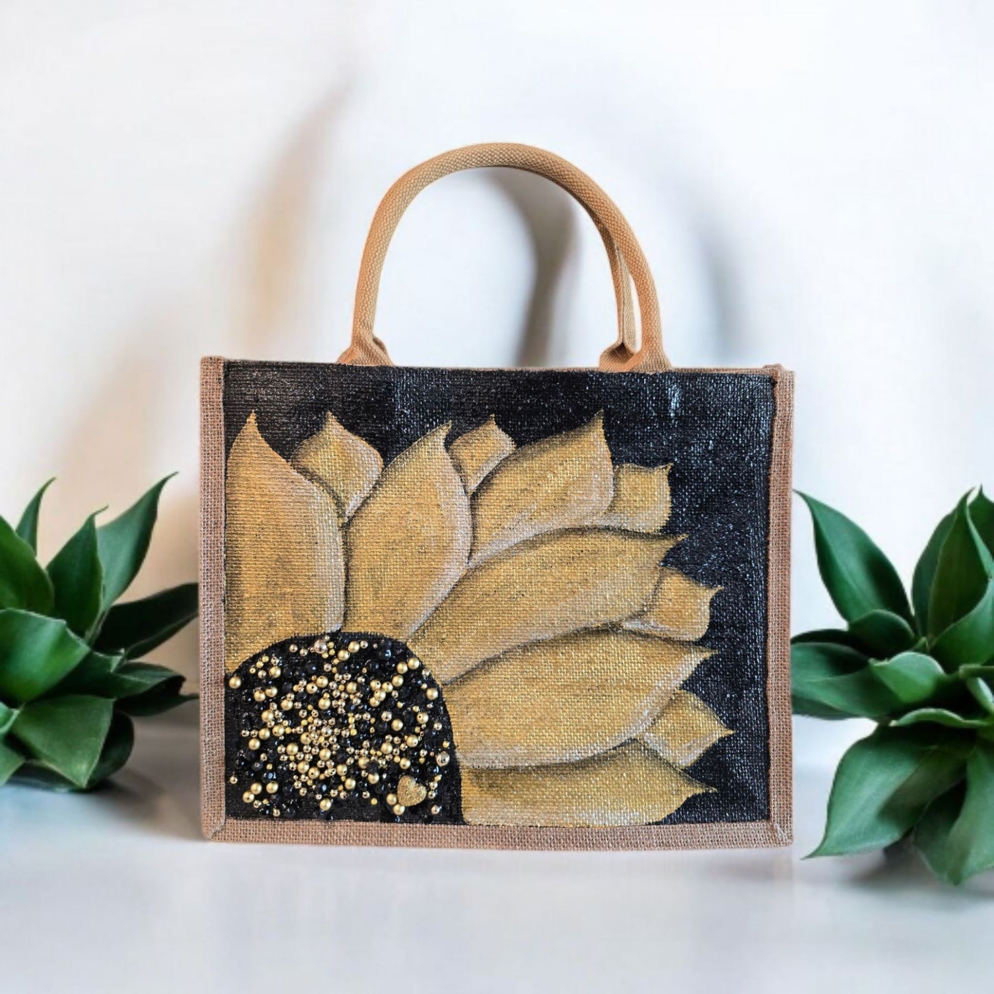Black-and-Gold-Sunflower-Tote, Hand-Painted-with-Beads-and-Charm, Artistic-Design