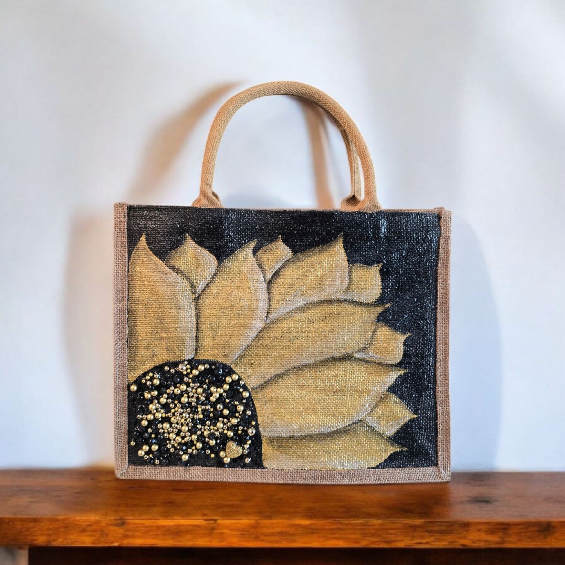 Black-and-Gold-Sunflower-Tote, Hand-Painted-with-Beads-and-Charm, Artistic-Design