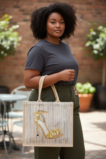 Dana’s Uncommon Glass Golden Butterfly Stiletto Jute Tote — hand-painted fashion bag with butterfly accents