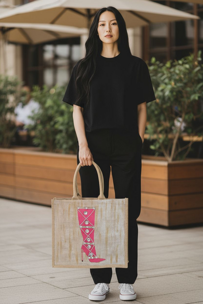 woman holding jute tote bag in an outdoor setting tote is Hand-painted pink rhinestone boot tote bag on natural jute background