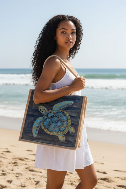 sea turtle hand-painted on burlap jute tote bag in blues, greens and golds on a navy metallic background.
