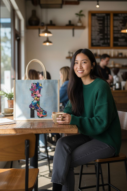 Wings of Style Butterfly Boot Tote Bag.  Black boot covered in 3D butterflies. and beaded heel.