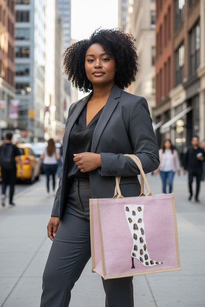 Cow Print Boot Tote Bag.  Brown, black and gold cow print on white boot set on metallic light pink background.