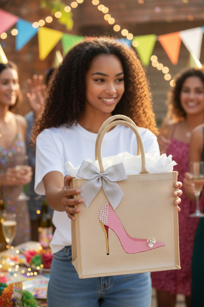 Pink Stiletto hand painted on jute tote bag embellished with jewels and pearls on an off white metallic background.