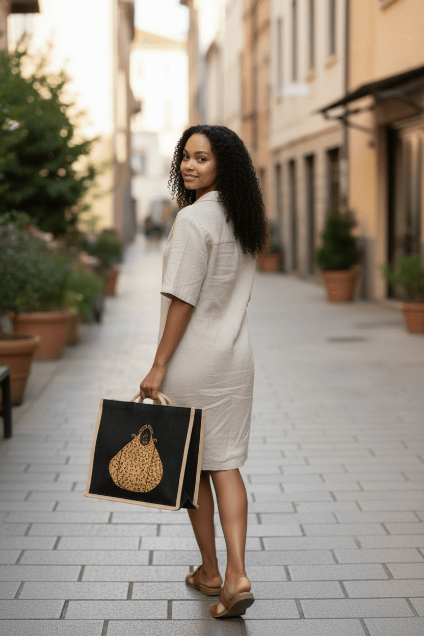 Hand-painted black jute purse tote with gold leopard design and chain handles