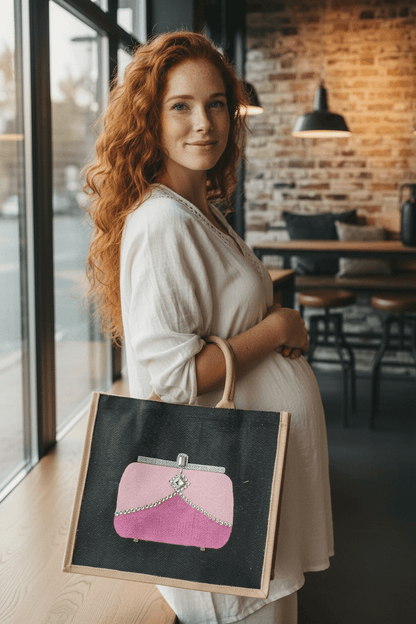 woman holding Pink jeweled purse design hand-painted on black jute tote bag