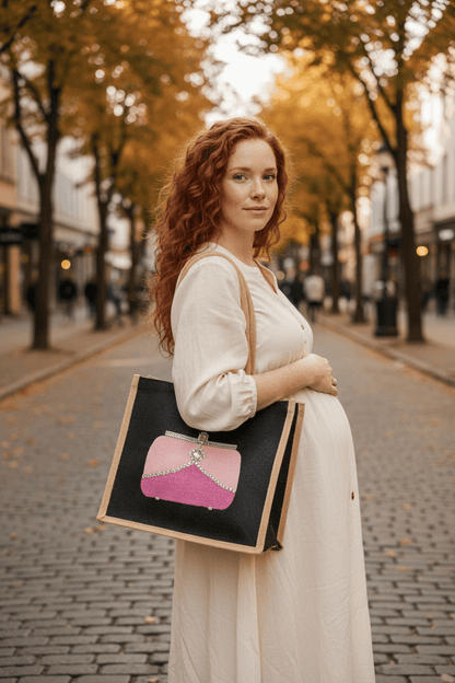 woman holding Pink jeweled purse design hand-painted on black jute tote bag