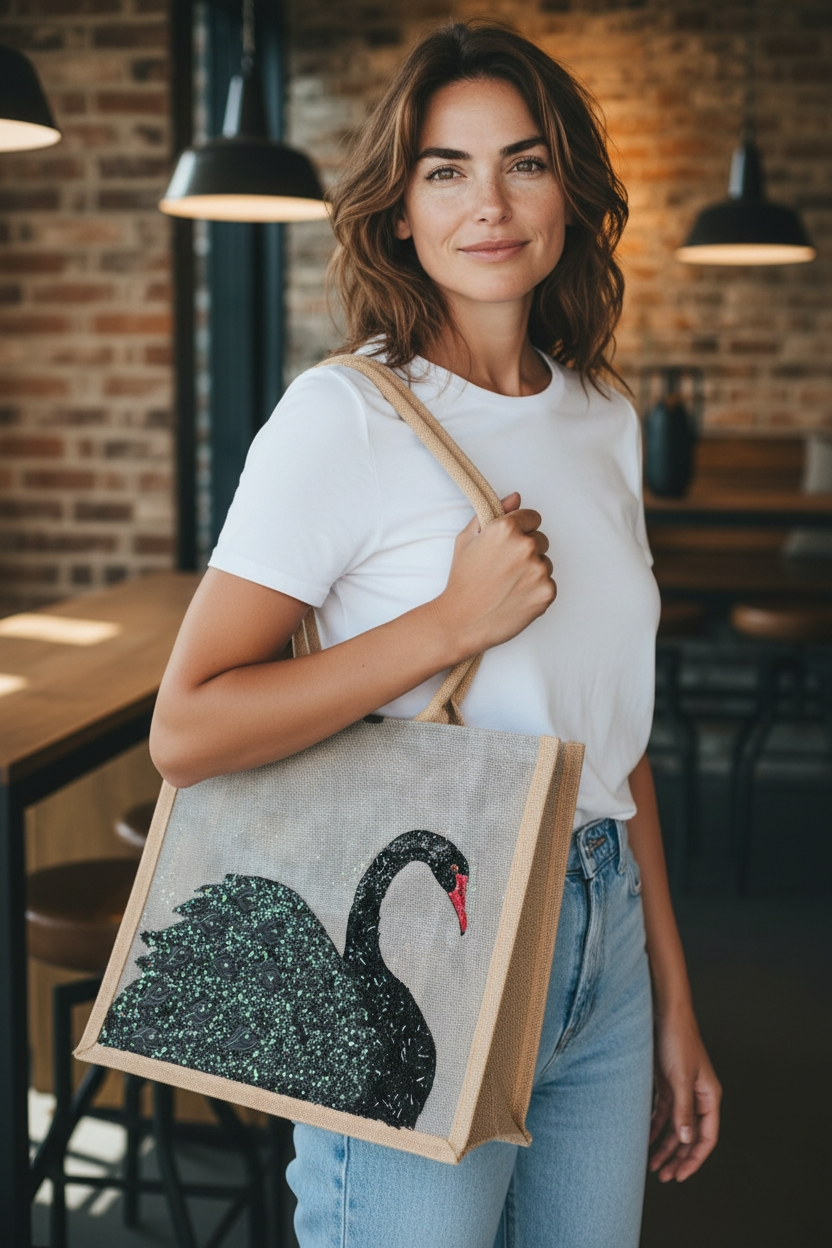 woman holding Hand painted and embellished black swan tote bag by Dana's Uncommon Glass