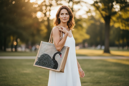 woman holding Hand painted and embellished black swan tote bag by Dana's Uncommon Glass