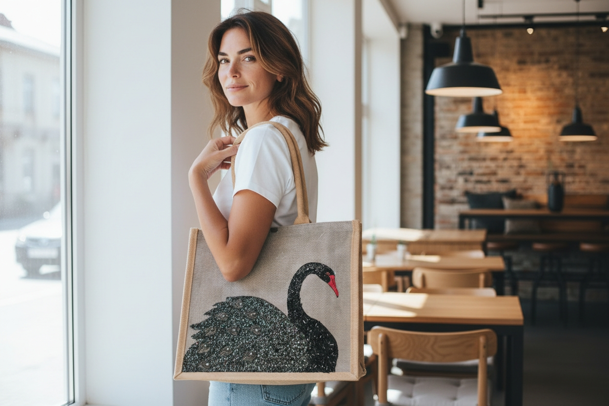 woman holding Hand painted and embellished black swan tote bag by Dana's Uncommon Glass