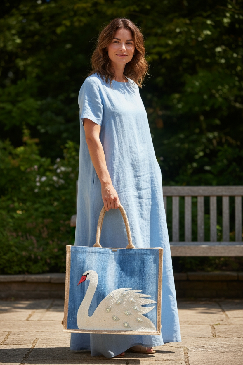 woman holding Hand Painted and embellished white swan tote bag by Dana's Uncommon Glass