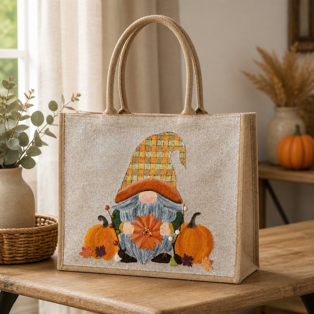 Hand-Painted Fall Gnome Tote Bag