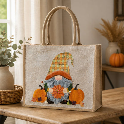 Hand-Painted Fall Gnome Tote Bag