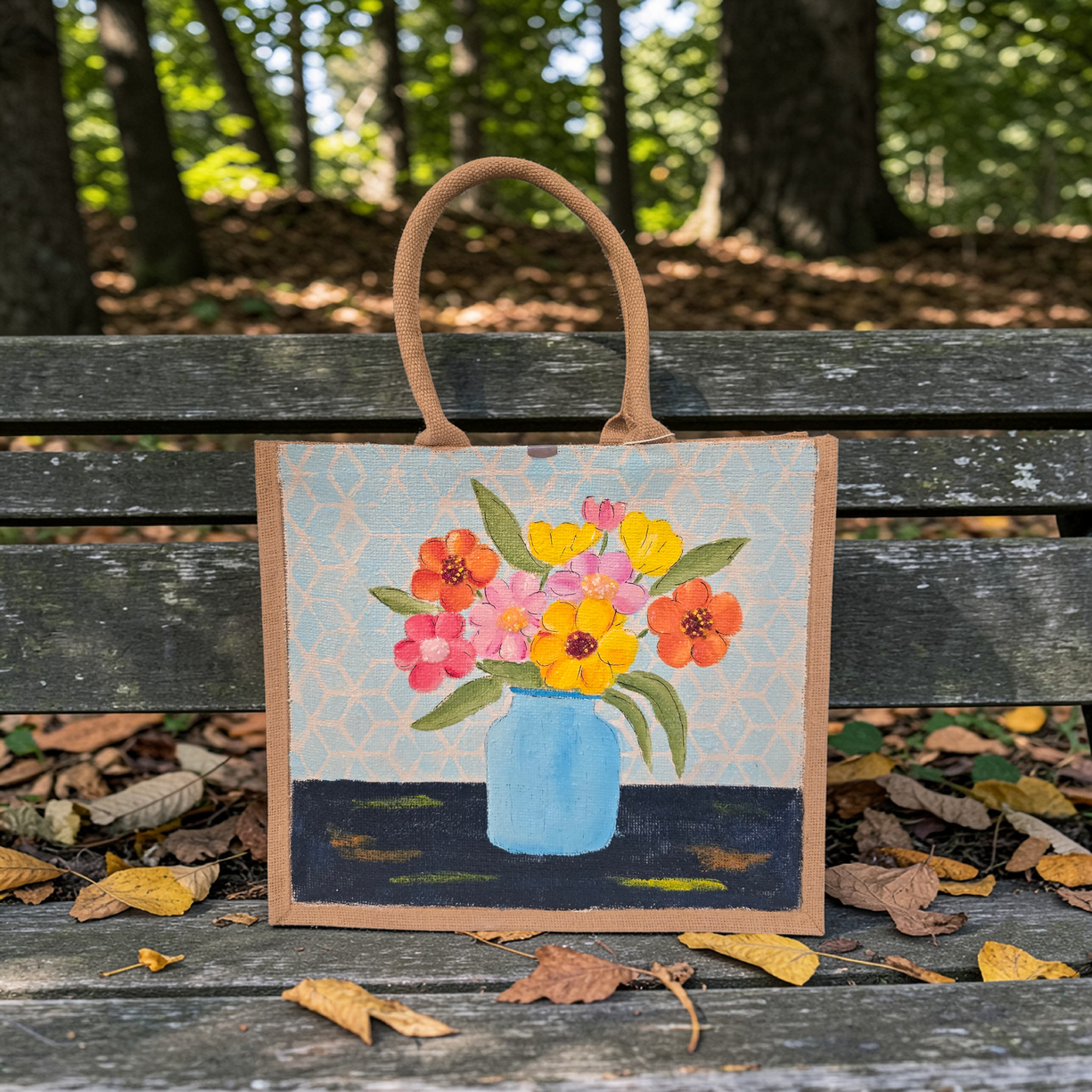 Hand-painted jute tote bag featuring colorful flowers in a blue vase against a light patterned background