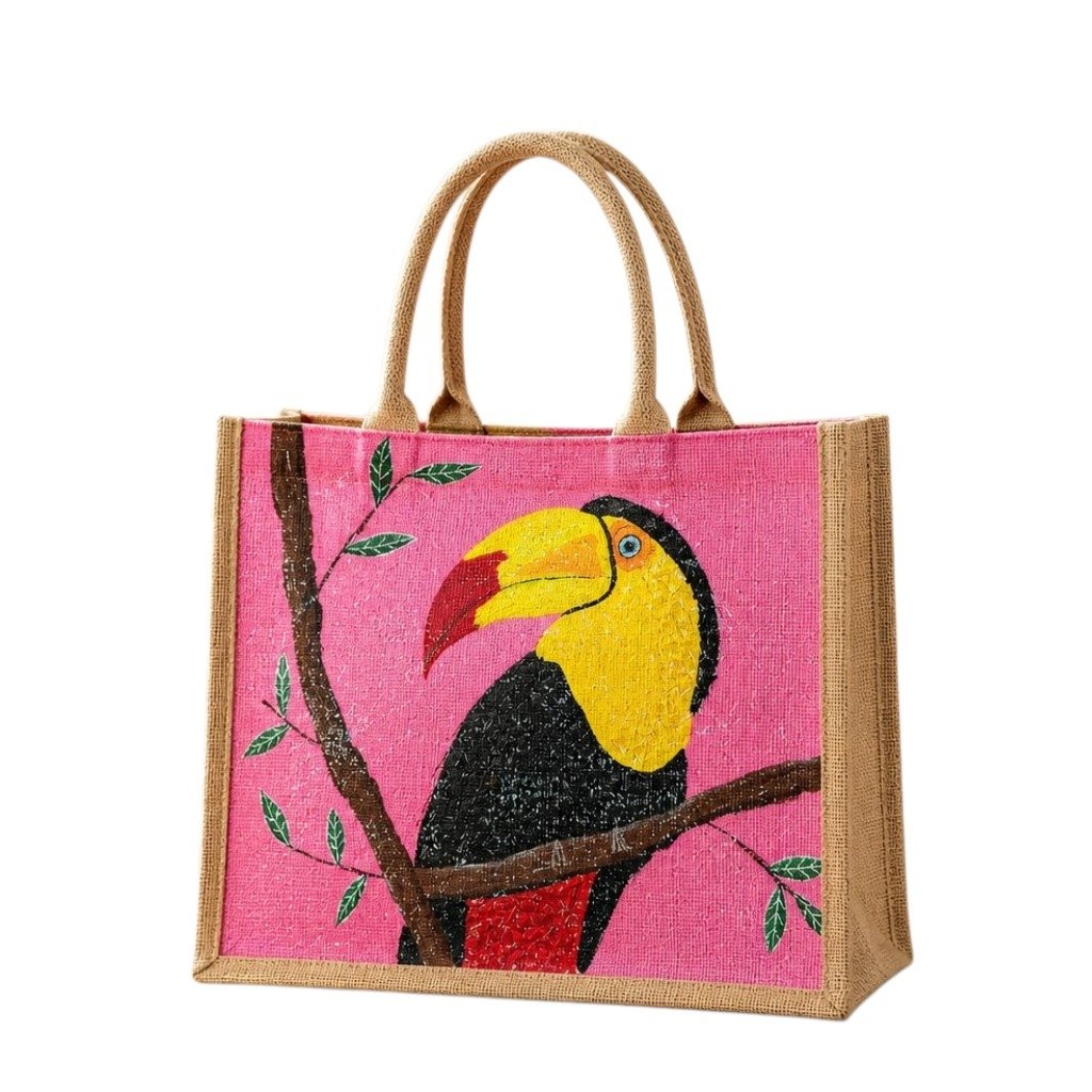 Hand-painted jute tote bag featuring a colorful toucan perched on a branch against a bright pink background, with natural burlap sides and handles.