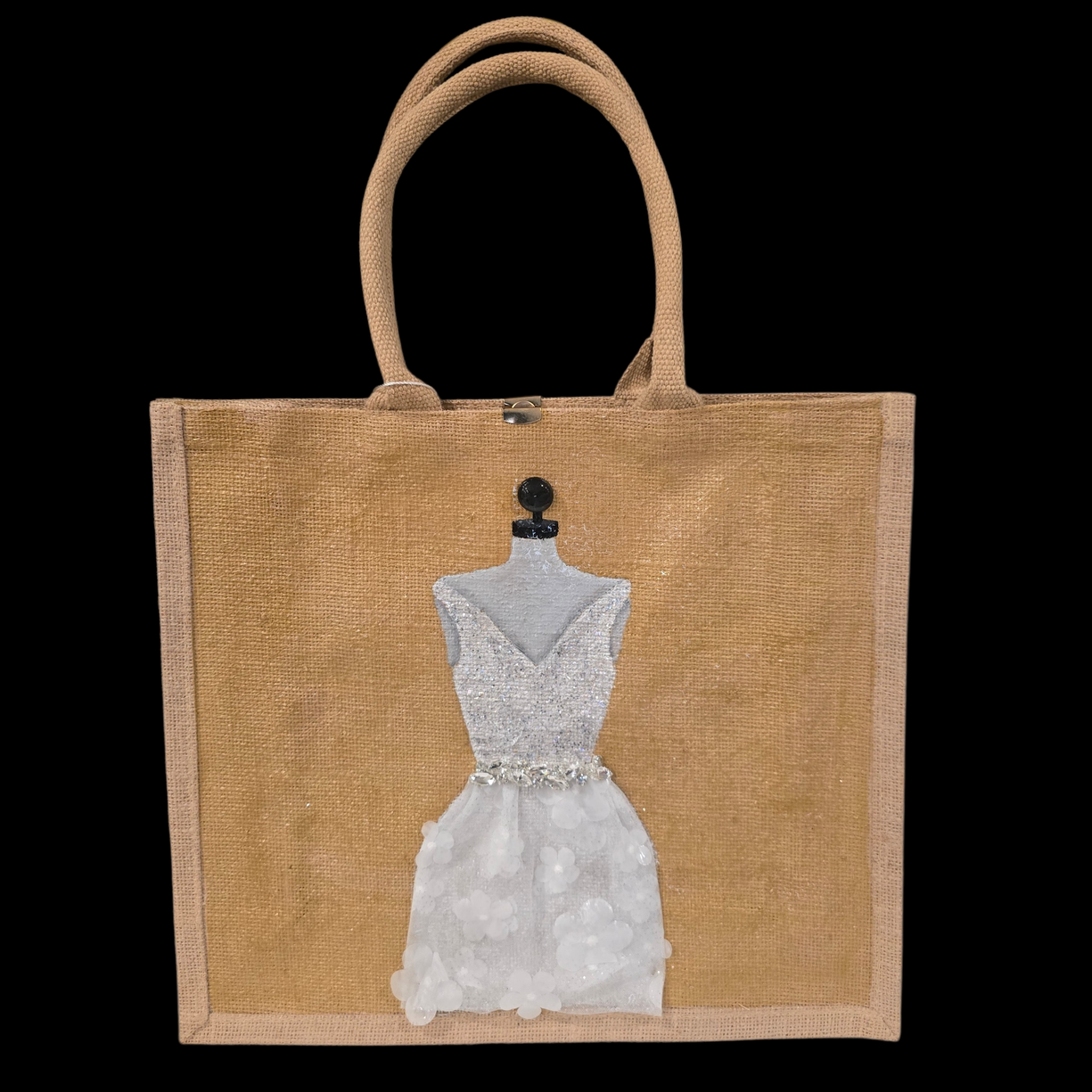 Hand-painted jute tote bag featuring an elegant white bridal dress with shimmering details on a natural canvas background