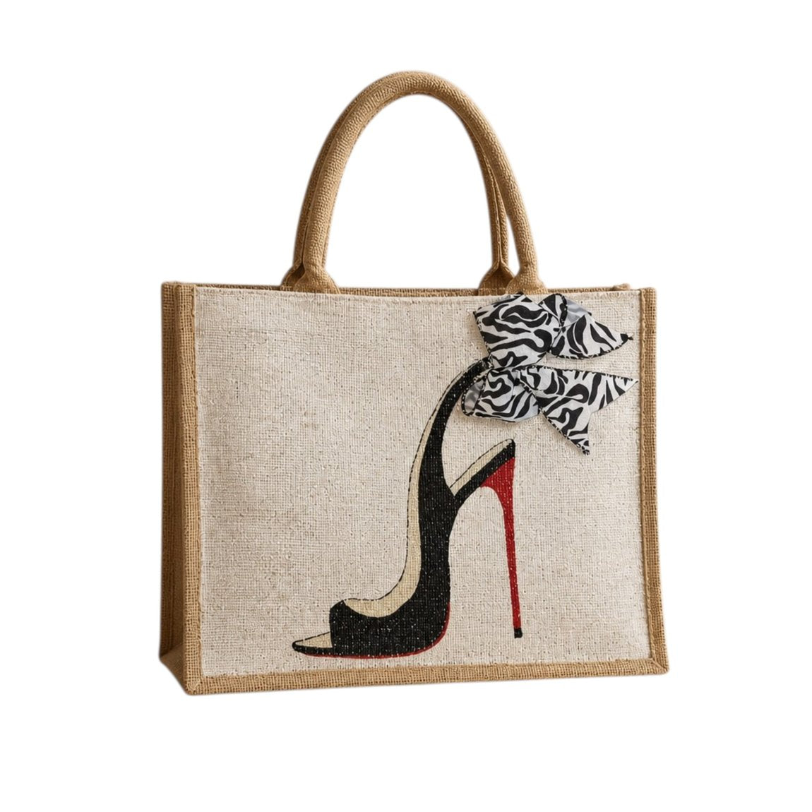 Hand-painted natural jute shopper tote featuring a black stiletto shoe with a bold zebra-print ribbon bow and red sole accents, designed as chic wearable fashion art.