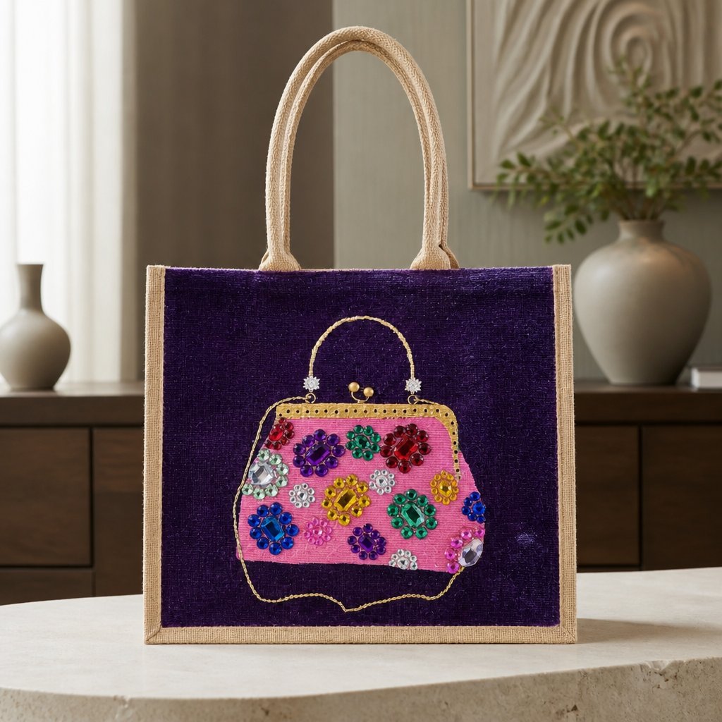 Hand-painted purple jute tote bag featuring an embellished pink vintage-style purse design with colorful jewel accents and dimensional details against a rich purple background. Fashion-inspired statement tote with natural jute trim, double handles, and magnetic snap closure. Perfect for boutique fashion lovers, dressy occasions, and unique handmade gift giving.