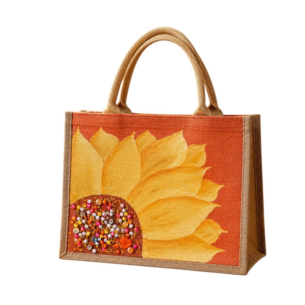 Hand-painted sunflower tote bag featuring soft yellow floral petals on a warm orange background with colorful jeweled embellishments at the flower center, accented with natural jute trim and rounded padded handles against a neutral background.