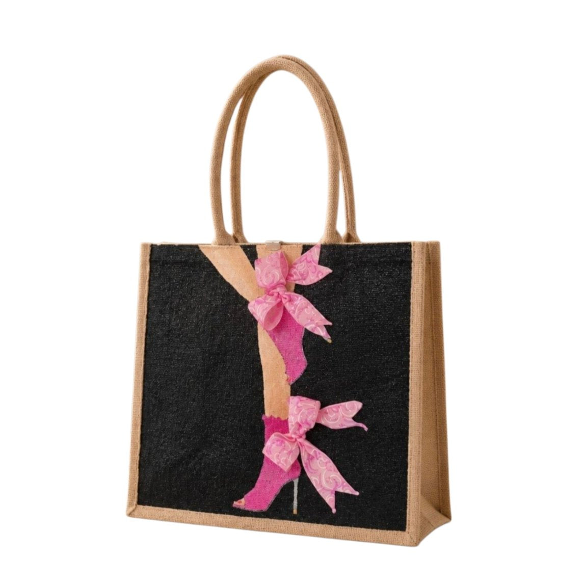 Hand-painted black jute tote bag featuring pink high heel boots with dimensional pink ribbon bows, designed as wearable fashion art with a bold feminine style.
