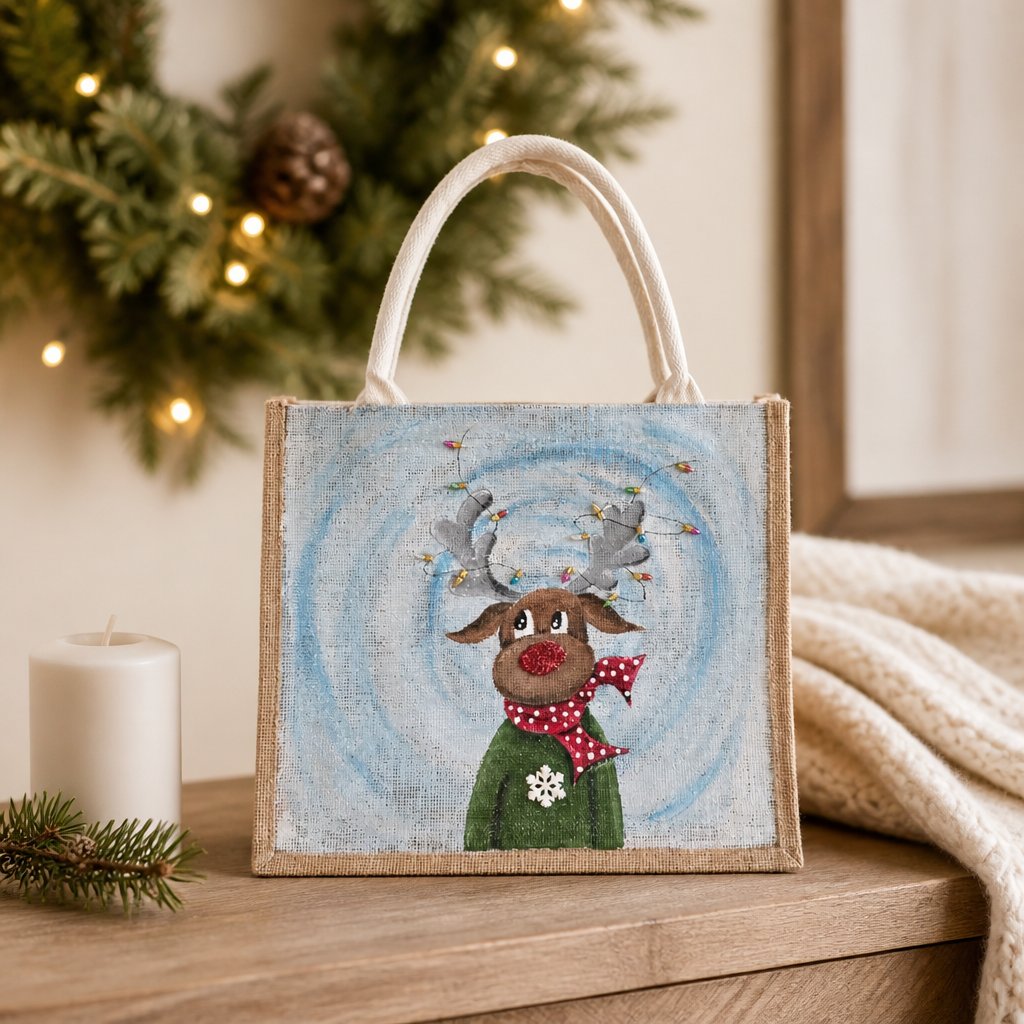 Hand-Painted Reindeer with Christmas Lights Tote Bag