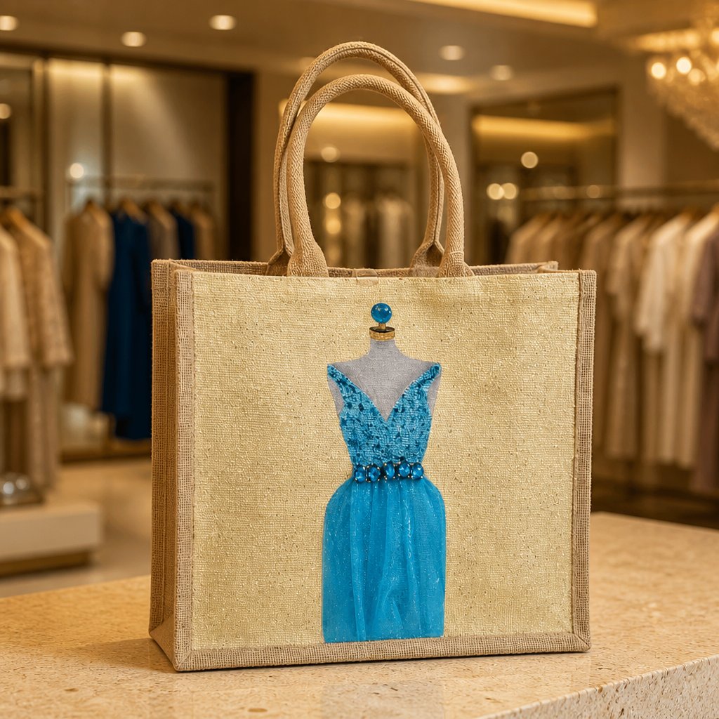 Hand-painted jute tote bag featuring a sparkling turquoise blue dress on a mannequin, accented with jeweled embellishments and soft neutral tones for an elegant fashion-inspired look.