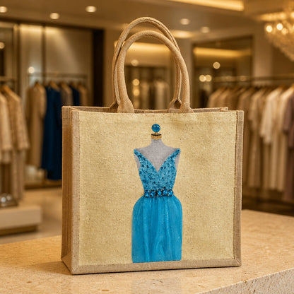 Hand-painted jute tote bag featuring a sparkling turquoise blue dress on a mannequin, accented with jeweled embellishments and soft neutral tones for an elegant fashion-inspired look.
