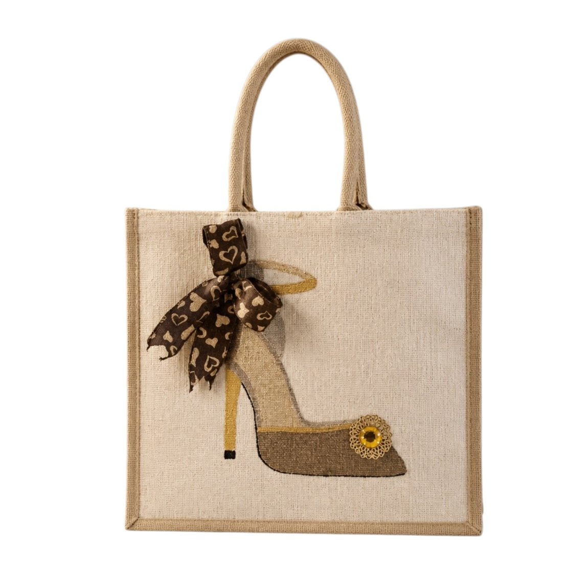 Hand-painted jute tote bag featuring a neutral-toned high heel shoe with sheer ribbon and gold embellishment detail, accented with a brown heart-print bow.