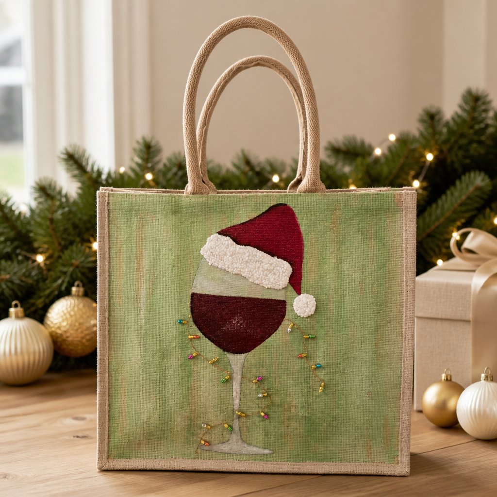 Hand-Painted Santa Hat Wine Glass Tote Bag