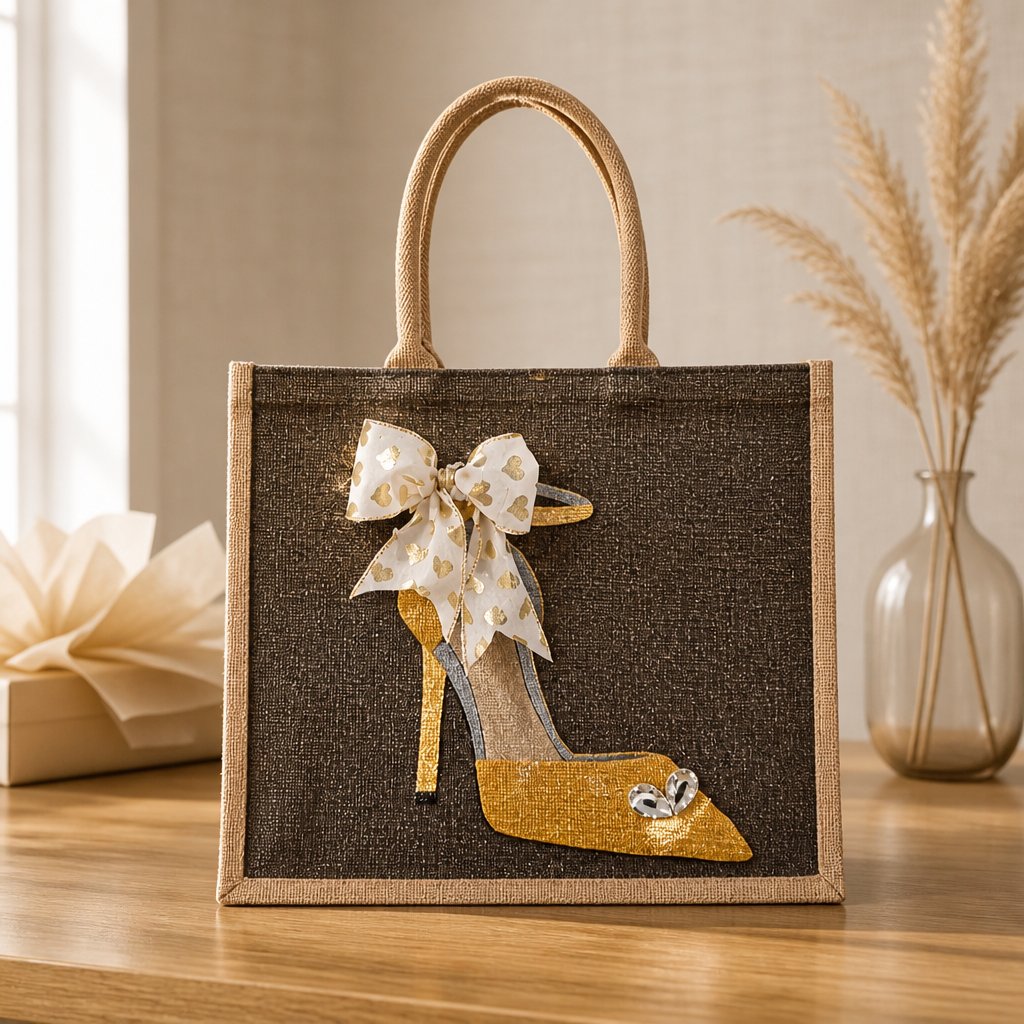 Hand-painted jute tote bag featuring a gold glitter stiletto shoe on a dark background, accented with a sheer ivory bow with metallic heart details and crystal embellishments.