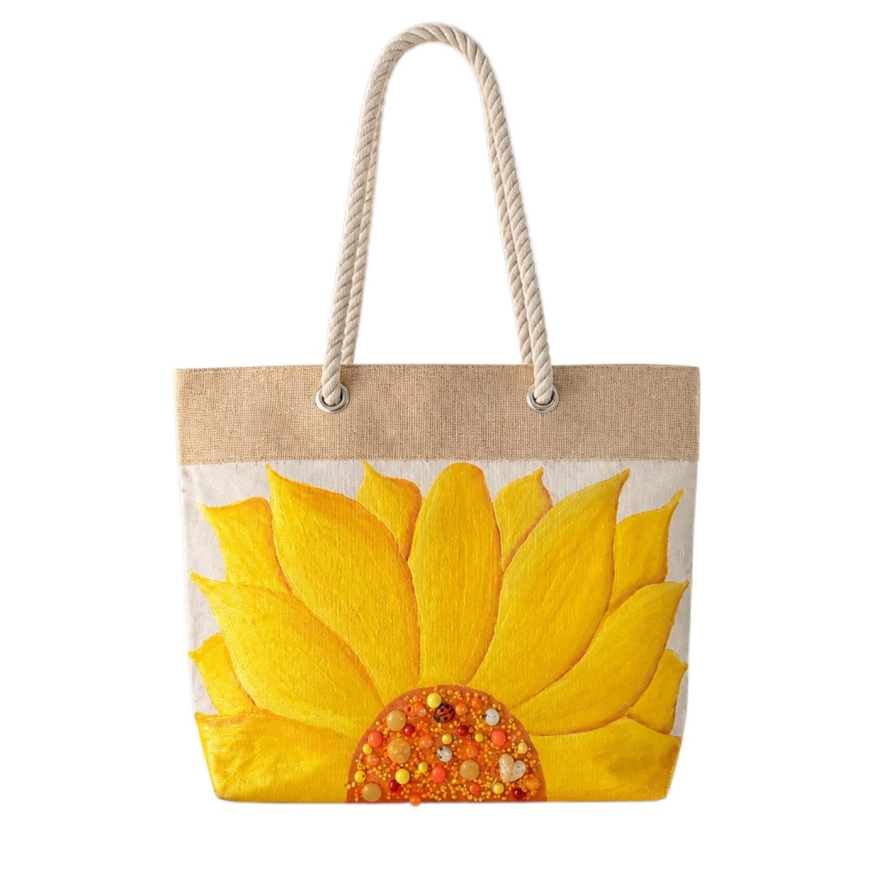 Hand-painted rope handle beach tote featuring a large dimensional yellow sunflower design with textured petals and embellished center details on a natural jute and canvas bag with cream rope handles.