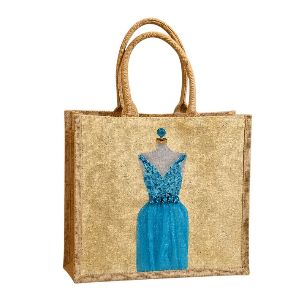 Hand-painted jute tote bag featuring a sparkling turquoise blue dress on a mannequin, accented with jeweled embellishments and soft neutral tones for an elegant fashion-inspired look.