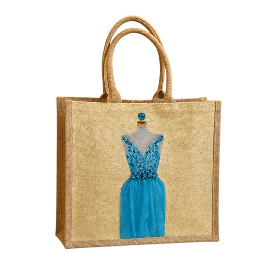 Hand-painted jute tote bag featuring a sparkling turquoise blue dress on a mannequin, accented with jeweled embellishments and soft neutral tones for an elegant fashion-inspired look.