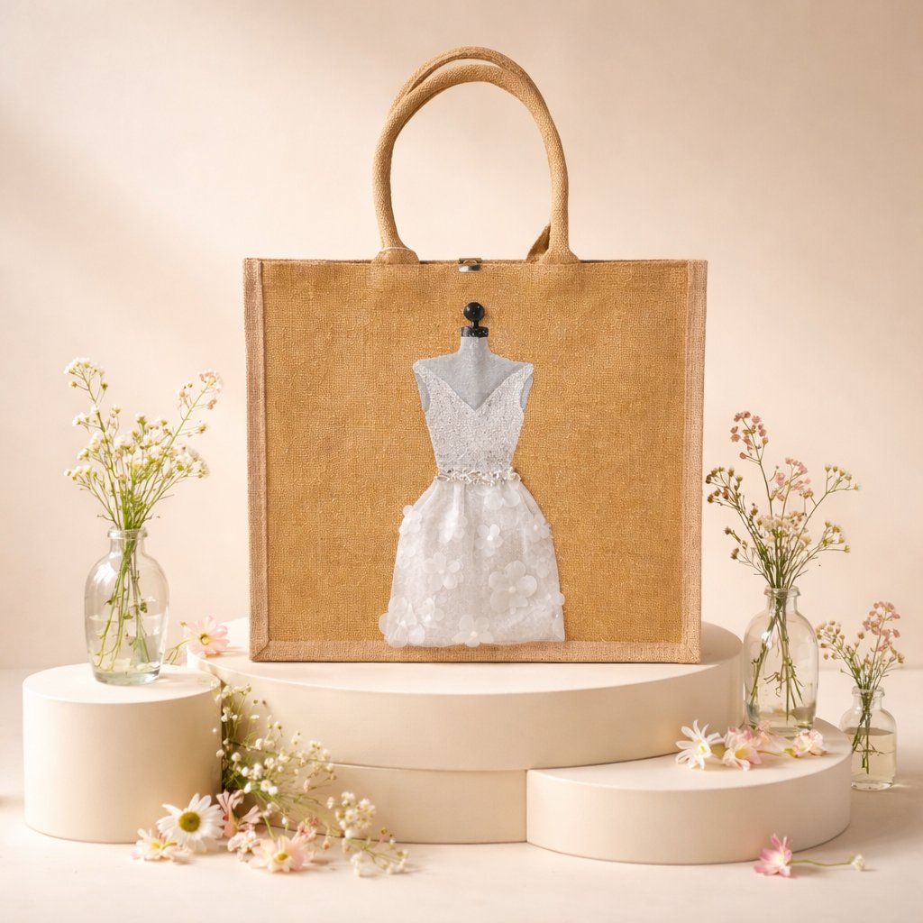 Hand-painted jute tote bag featuring an elegant white bridal dress with shimmering details on a natural canvas background