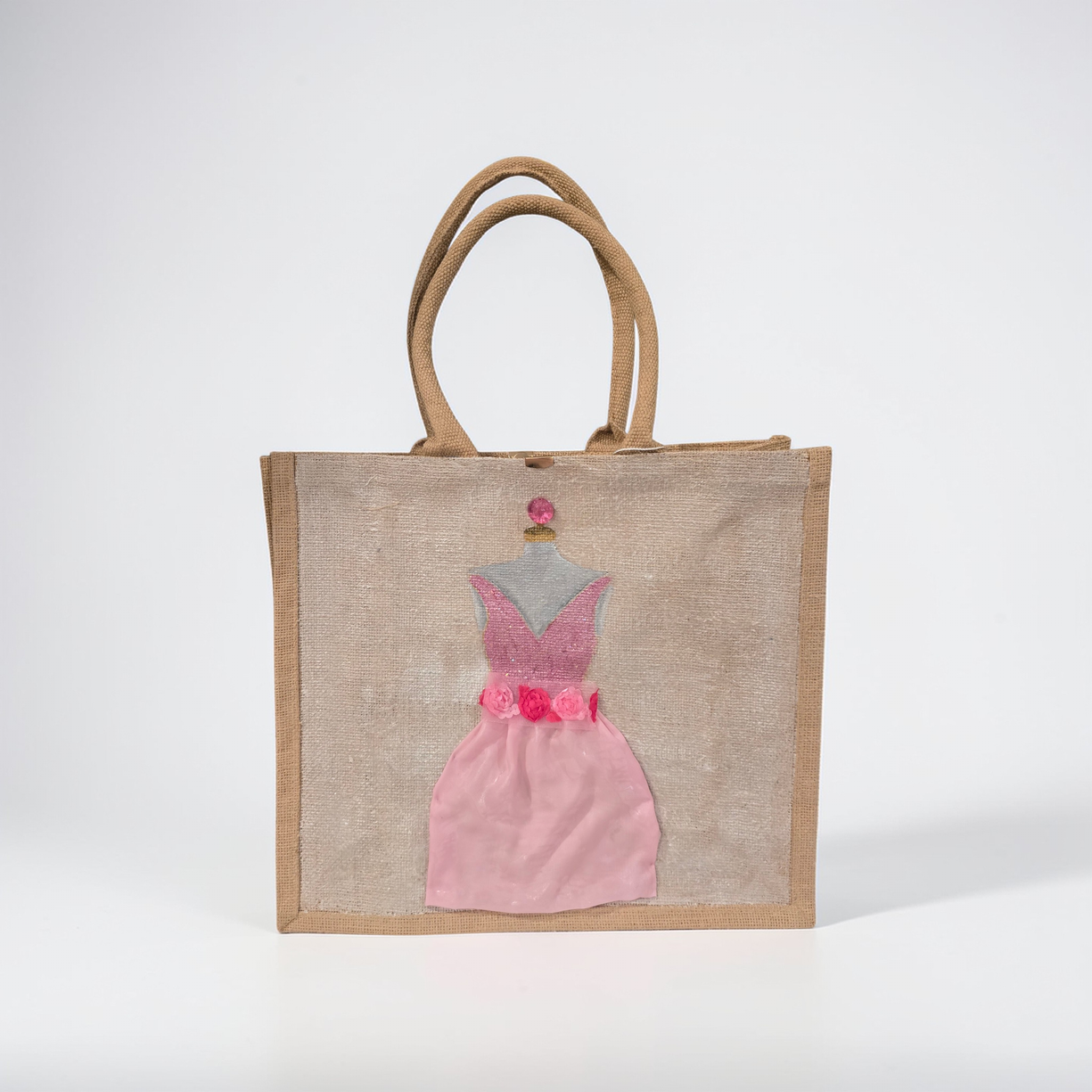 Hand-painted jute tote bag featuring a blush pink bridesmaid dress with floral details on a natural canvas background