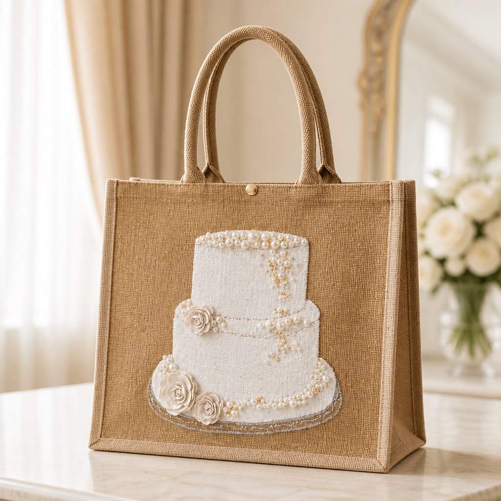 Hand-painted jute tote bag featuring an embellished three-tier white wedding cake design with pearl accents, floral details, and shimmering trim on a rich gold background.