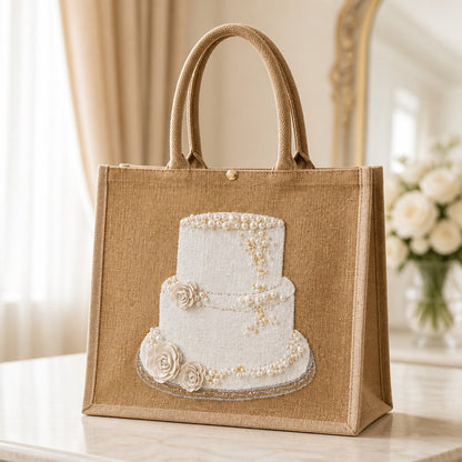 Hand-painted jute tote bag featuring an embellished three-tier white wedding cake design with pearl accents, floral details, and shimmering trim on a rich gold background.