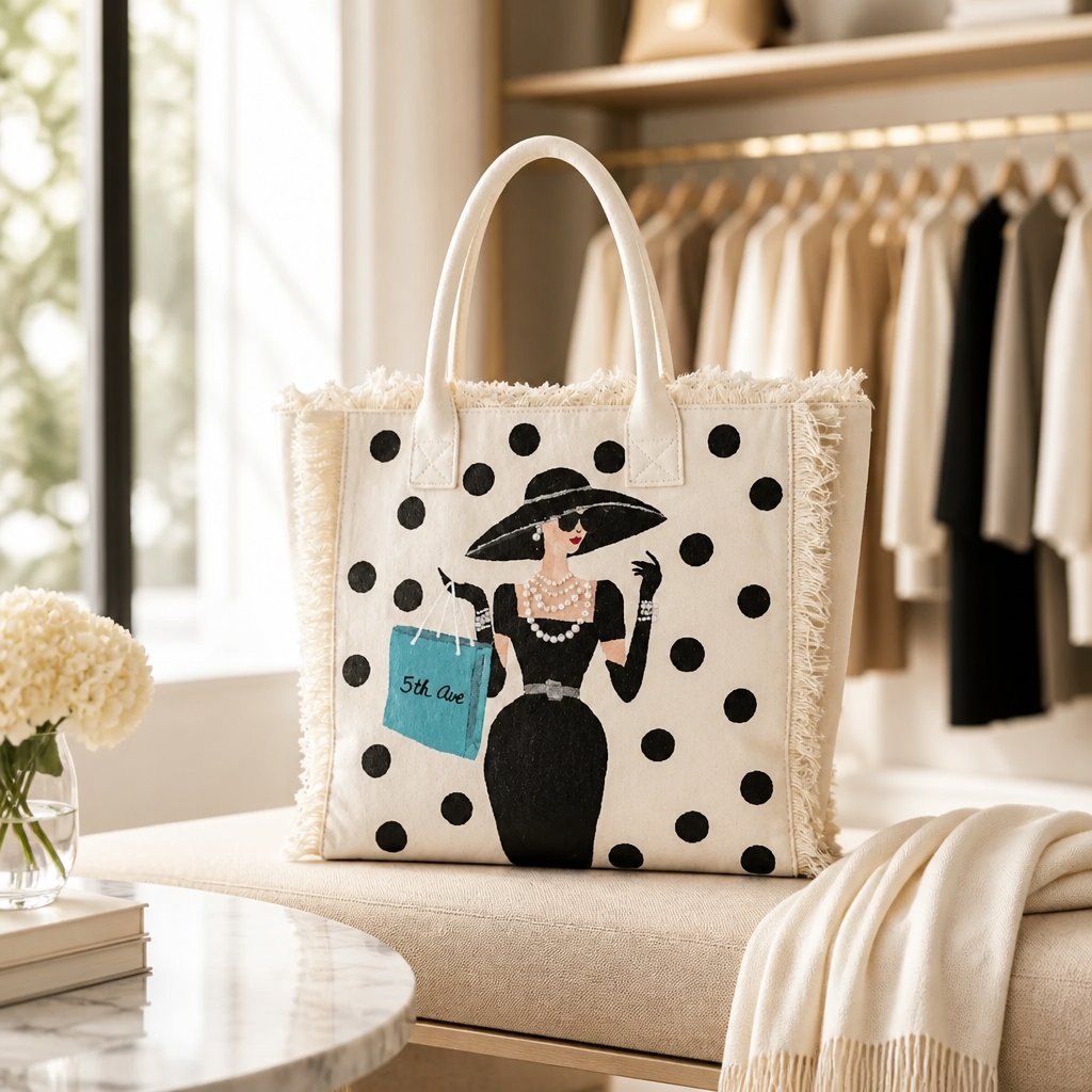 Hand-Painted 5th Avenue Shopper Fringed Tote Bag