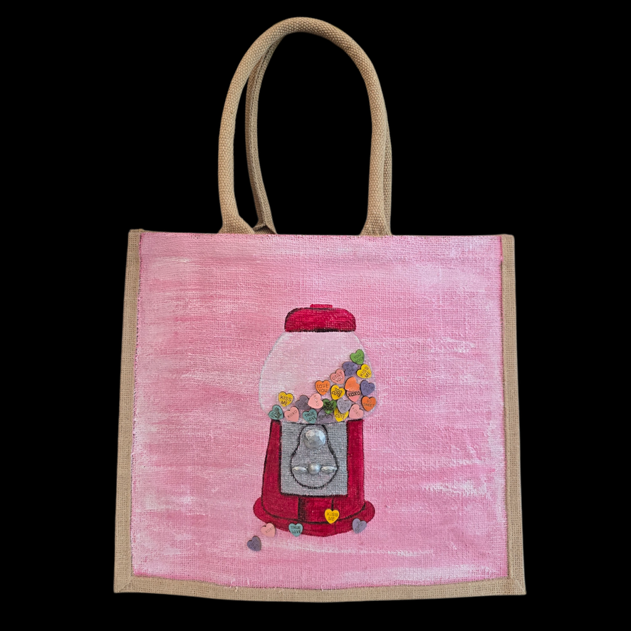 Heart Bubblegum Machine Tote Bag Haned Painted and Embellished by Dana's Uncommon Glass