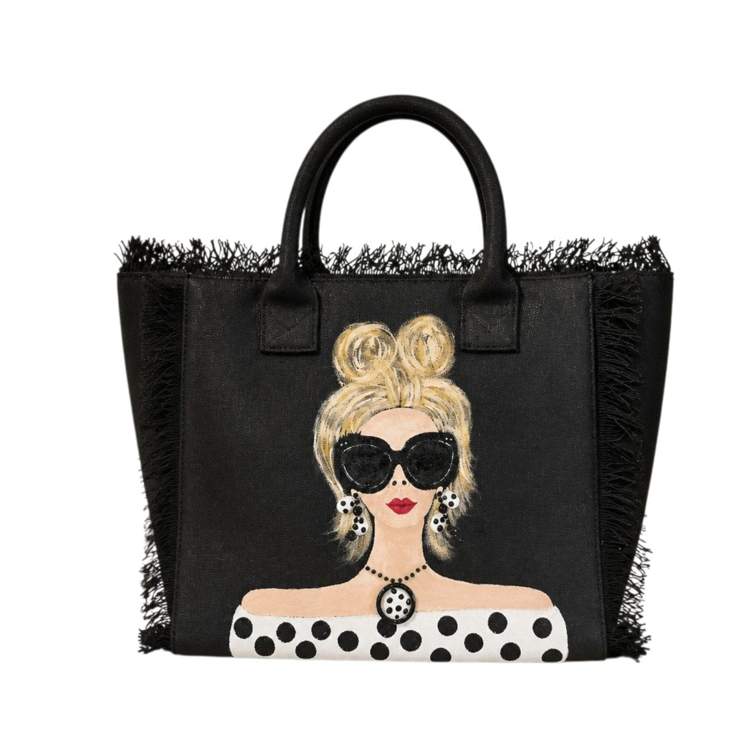 Hand-painted black fringed canvas tote bag featuring a blonde woman wearing oversized sunglasses, polka dot earrings, and a matching polka dot top with dimensional jewelry embellishments.