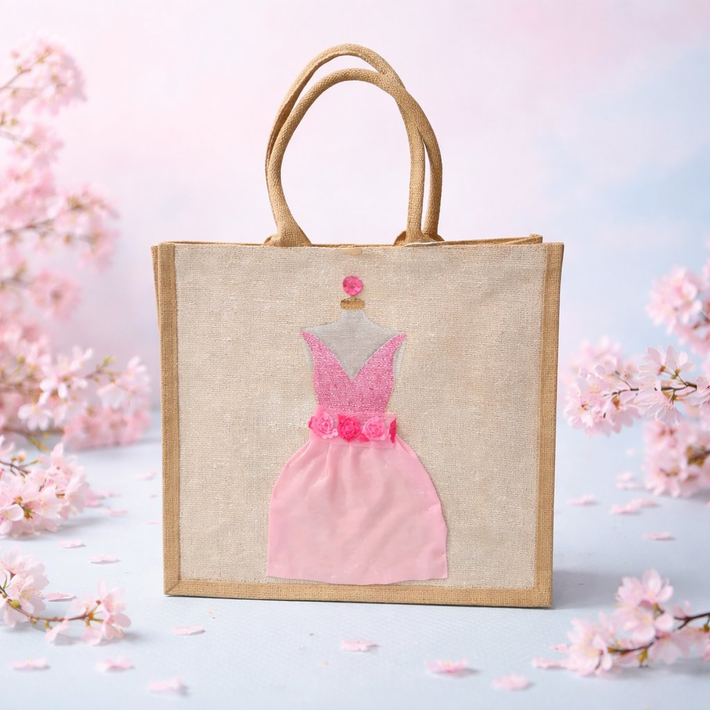 Hand-painted jute tote bag featuring a blush pink bridesmaid dress with floral details on a natural canvas background