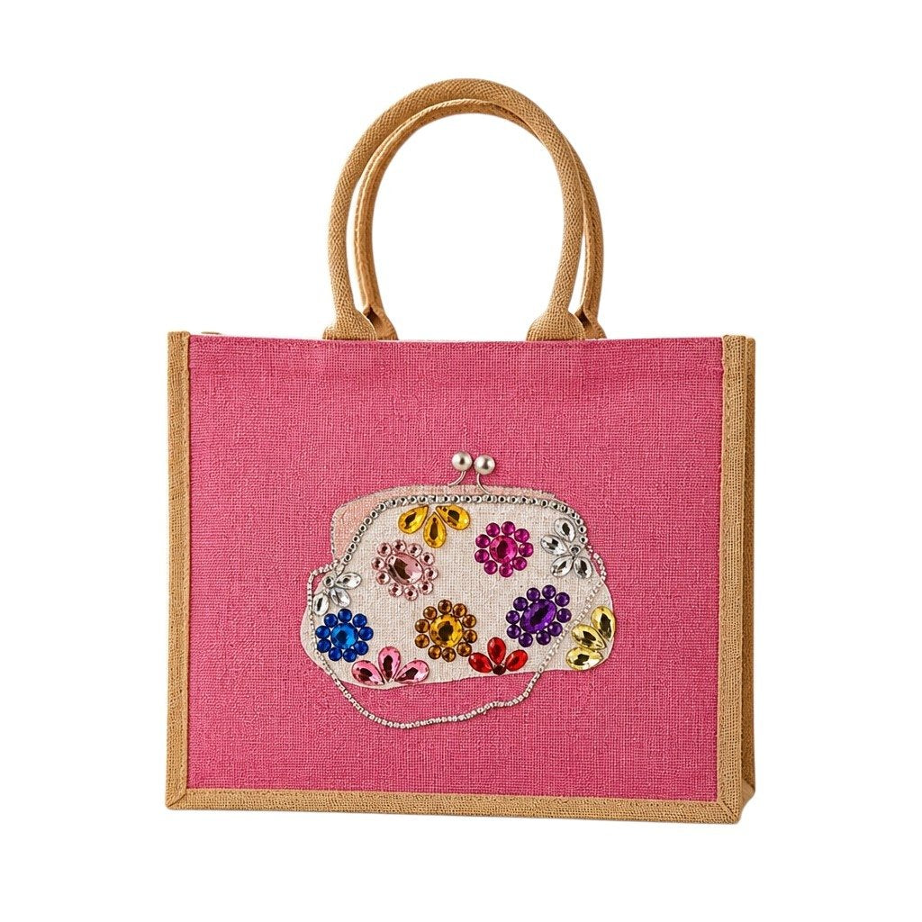 Hand-painted pink jute tote bag featuring a jeweled evening clutch design with colorful gem embellishments, bringing bold glamour and playful elegance to everyday fashion.