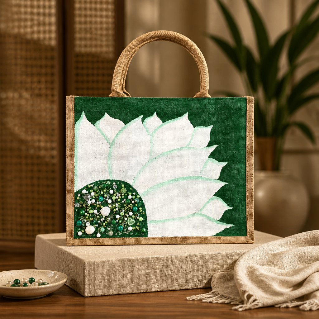 Hand-painted sunflower tote bag featuring large white floral petals on a vibrant green background with sparkling green, pearl, and crystal embellishments at the flower center, accented with natural jute trim and rounded padded handles against a neutral background.