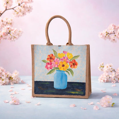 Hand-painted jute tote bag featuring colorful flowers in a blue vase against a light patterned background