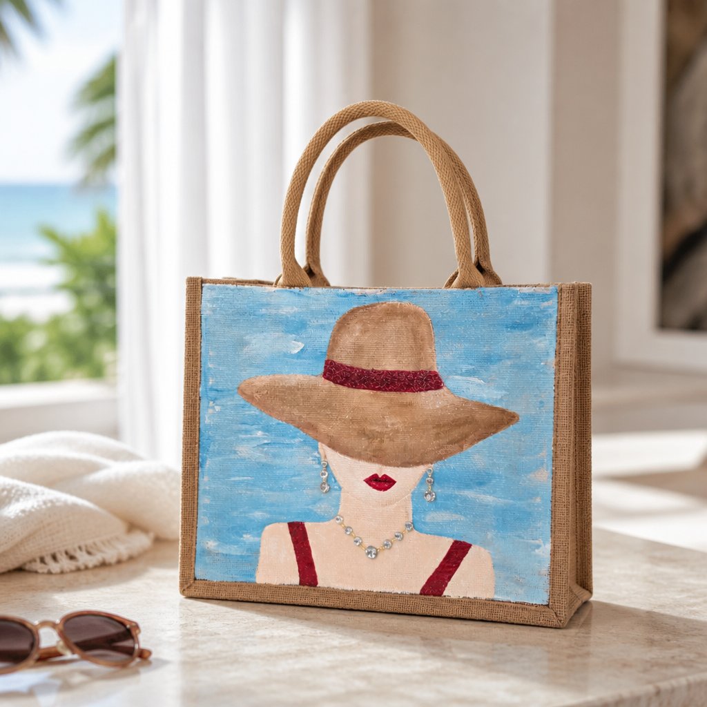 Hand-painted beach lady jute tote bag with wide sun hat, red swimsuit straps, blue sky background, jeweled necklace accents, and natural woven handles.