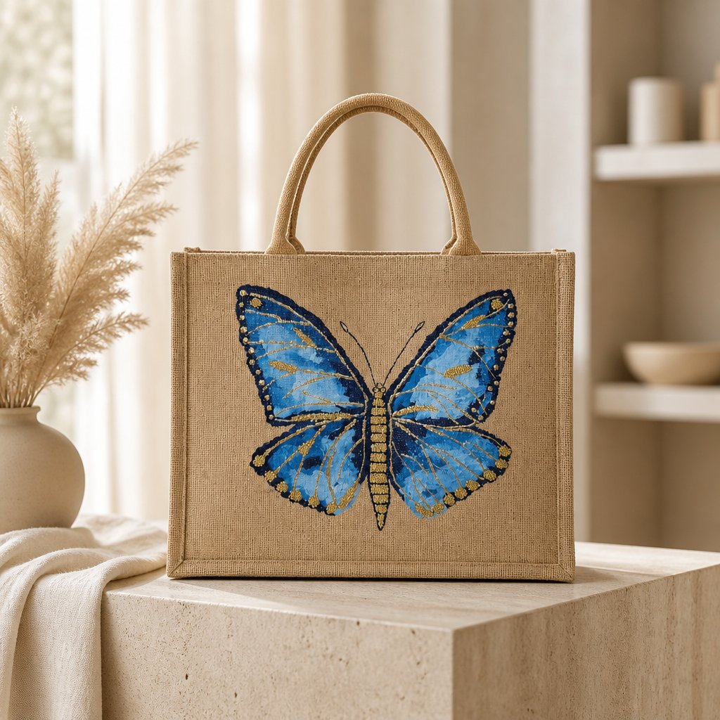 Hand-painted butterfly tote bag on natural jute canvas featuring a vibrant blue butterfly with navy and gold detailing, accented with delicate gold highlights and intricate wing patterns.