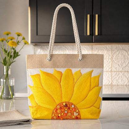 Hand-painted rope handle beach tote featuring a large dimensional yellow sunflower design with textured petals and embellished center details on a natural jute and canvas bag with cream rope handles.