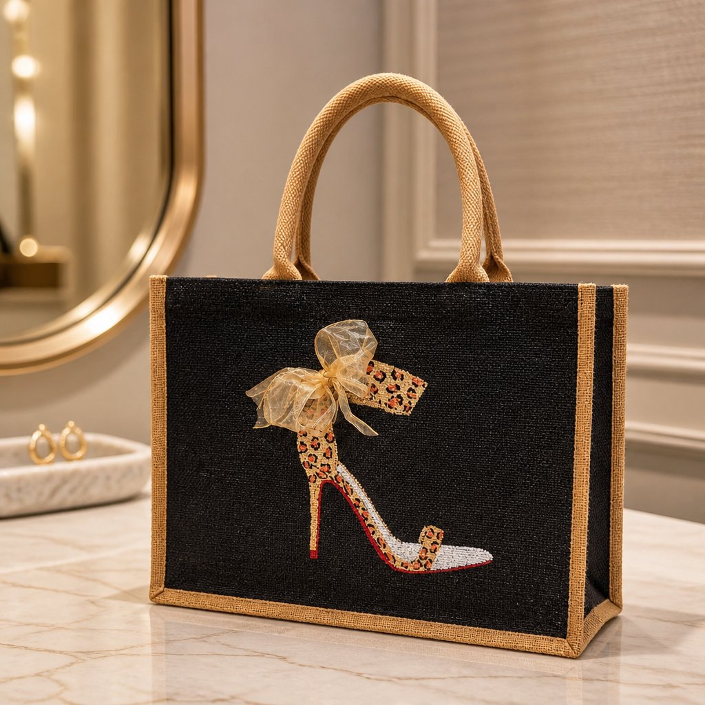 Hand-painted black jute tote bag featuring a leopard print high heel stiletto with a sheer gold bow, red sole accents, and natural jute trim and handles for a bold fashion-inspired look