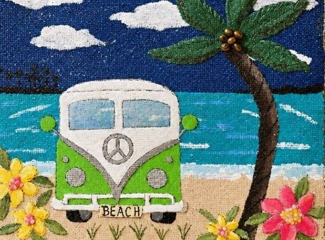 close up of Hand-painted jute tote bag featuring a retro green beach van parked by the ocean with palm trees, tropical flowers, and a bright blue sky. Coastal-inspired artisan beach tote with dimensional details and natural rope handles.