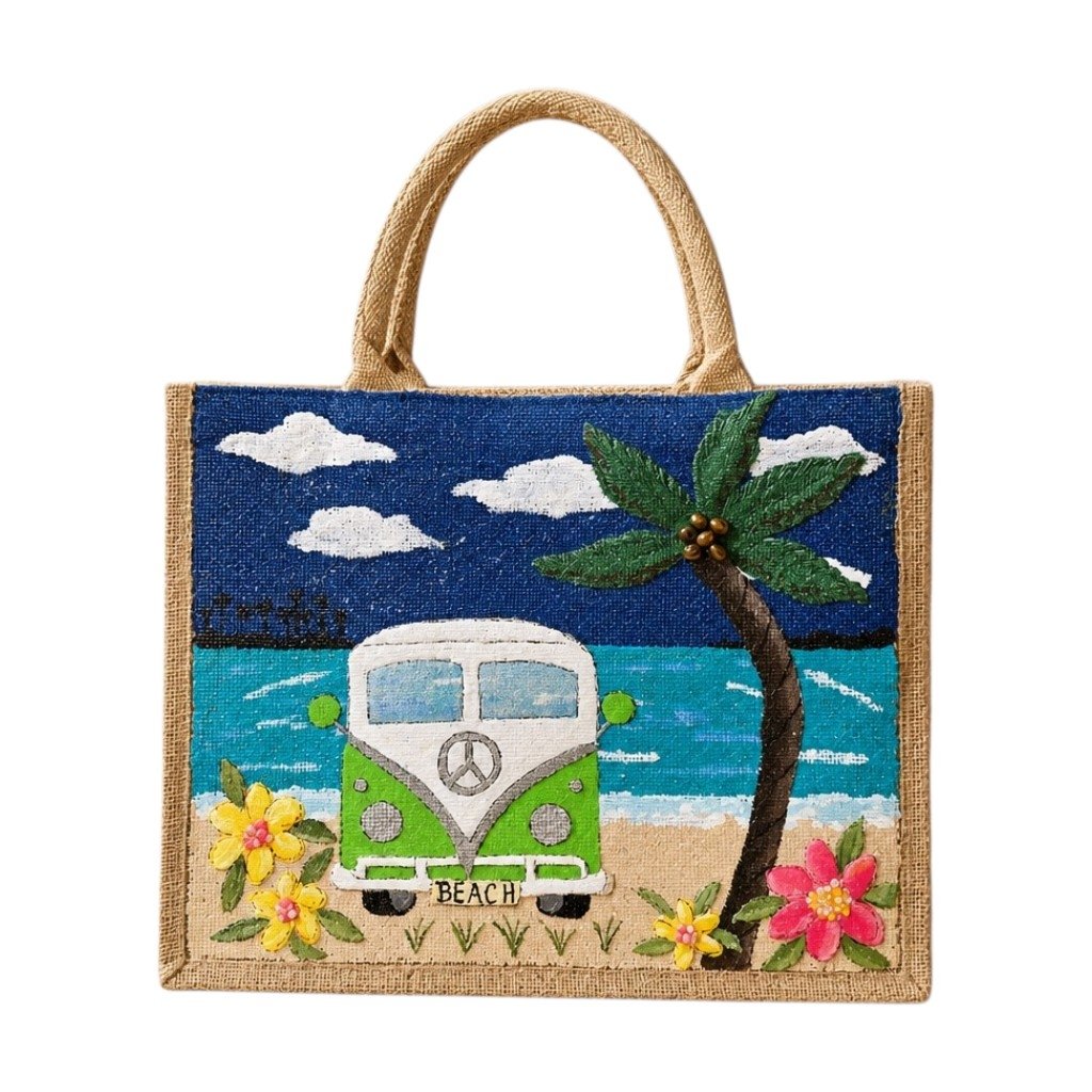 Hand-painted jute tote bag featuring a retro green beach van parked by the ocean with palm trees, tropical flowers, and a bright blue sky. Coastal-inspired artisan beach tote with dimensional details and natural rope handles.